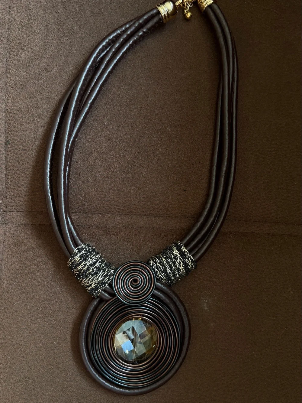 Statement Brown Leather Necklace with Spiral Pendant
